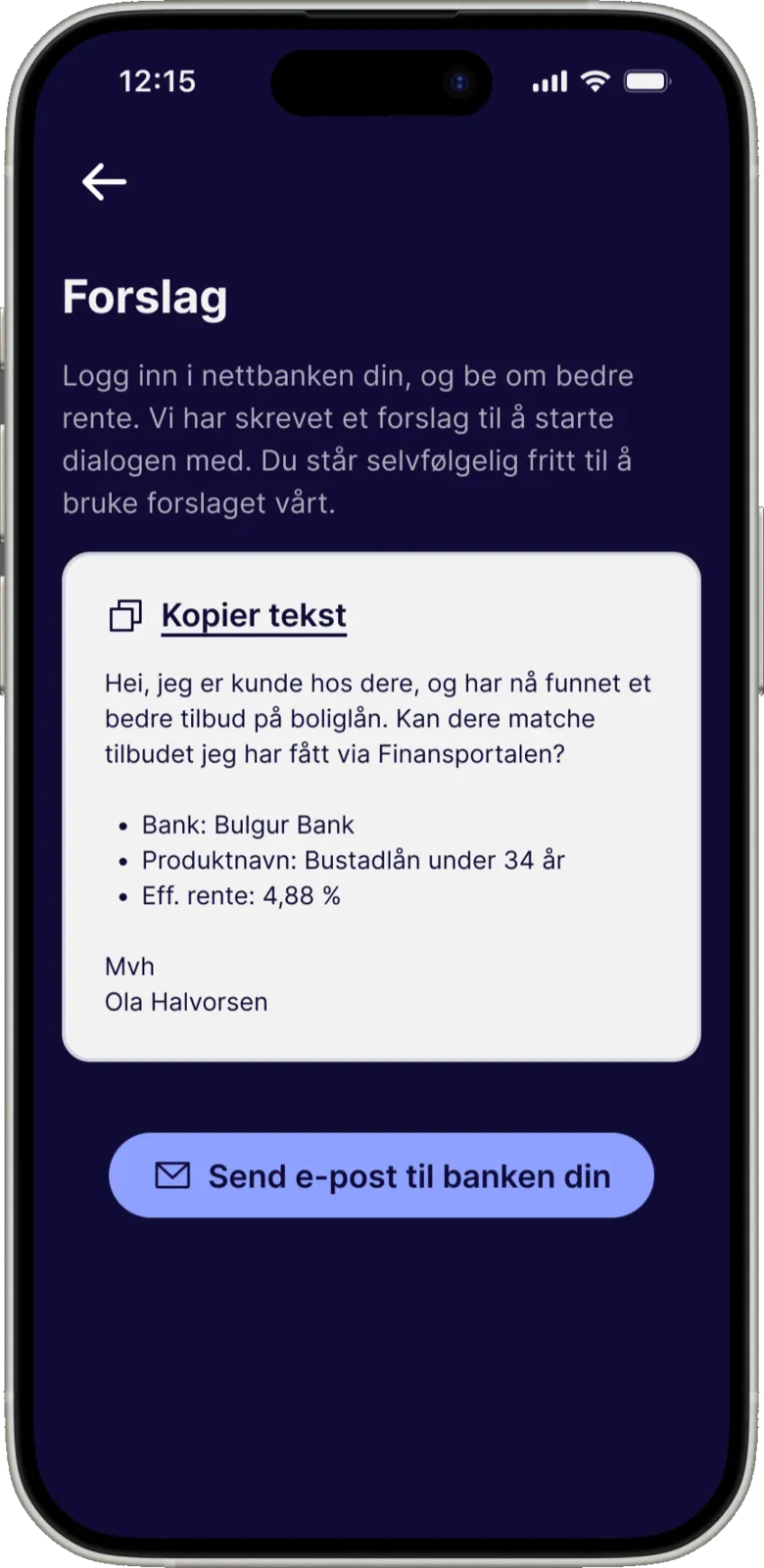 Ferdig meldingsforslag til banken i Horde-appen.
